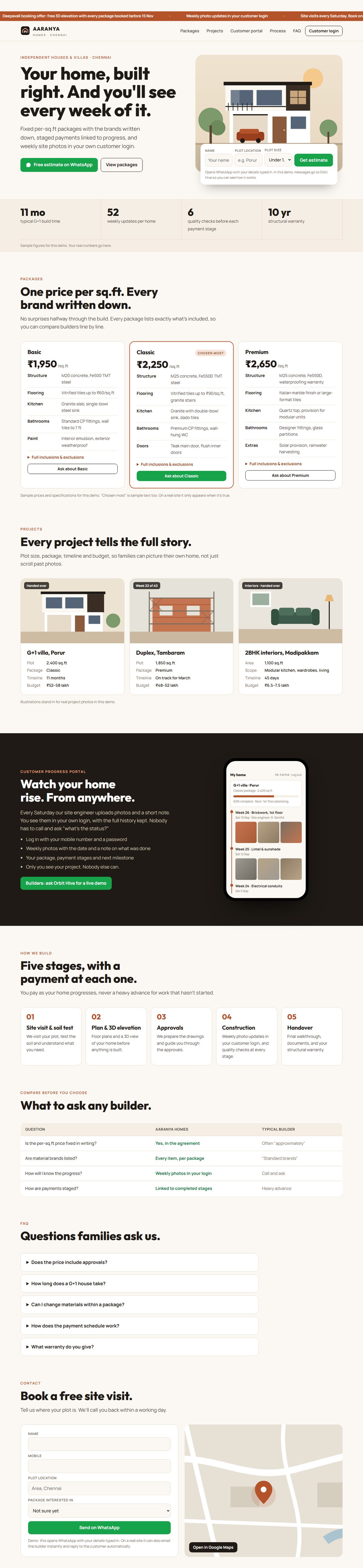 Screenshot: Aaranya Homes — builder website with a customer progress portal