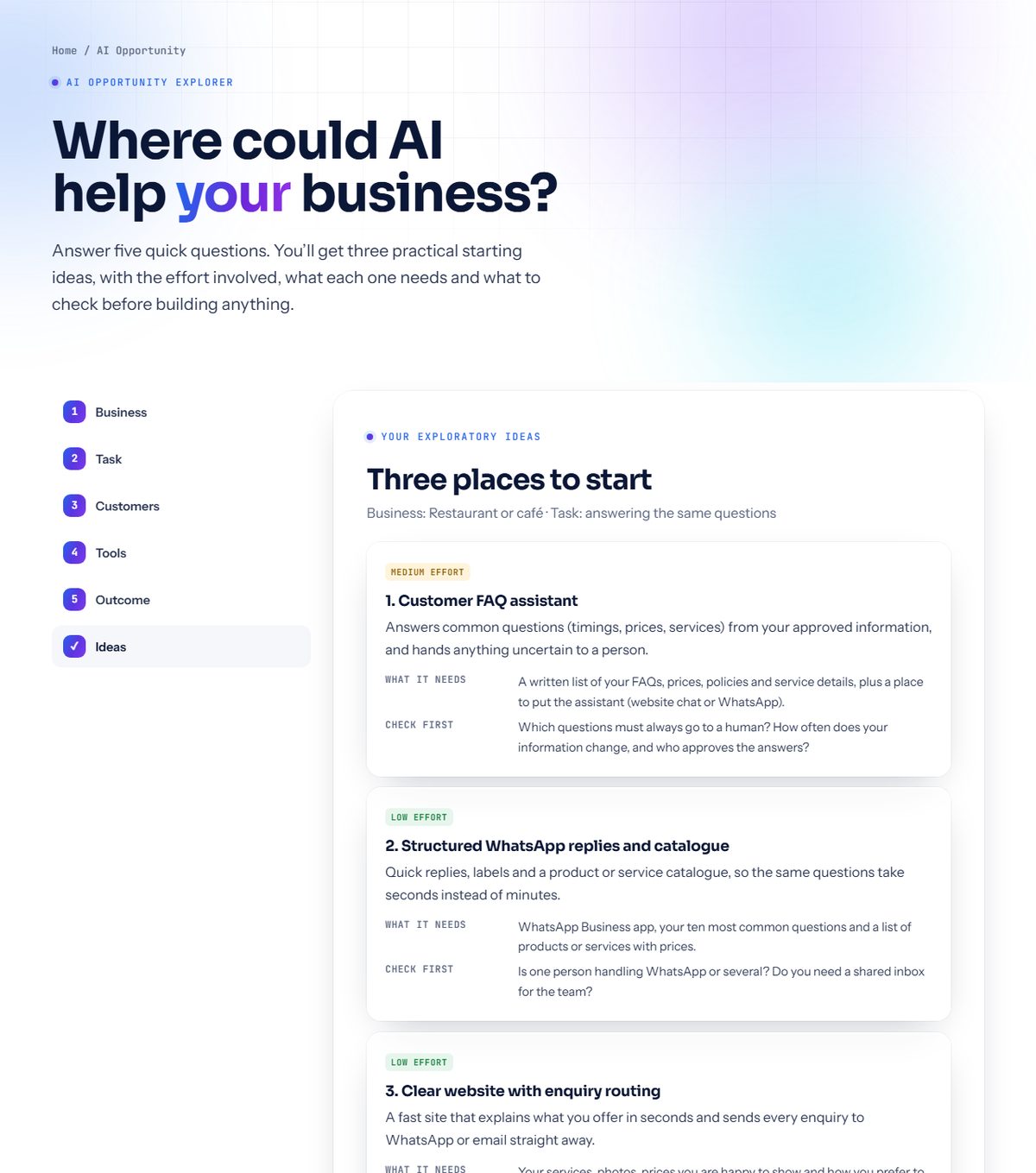 Screenshot: AI Opportunity Explorer — guided idea finder