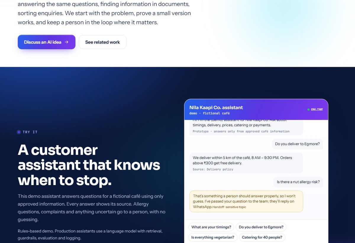 Screenshot of FAQ Assistant — answers with sources and human handoff