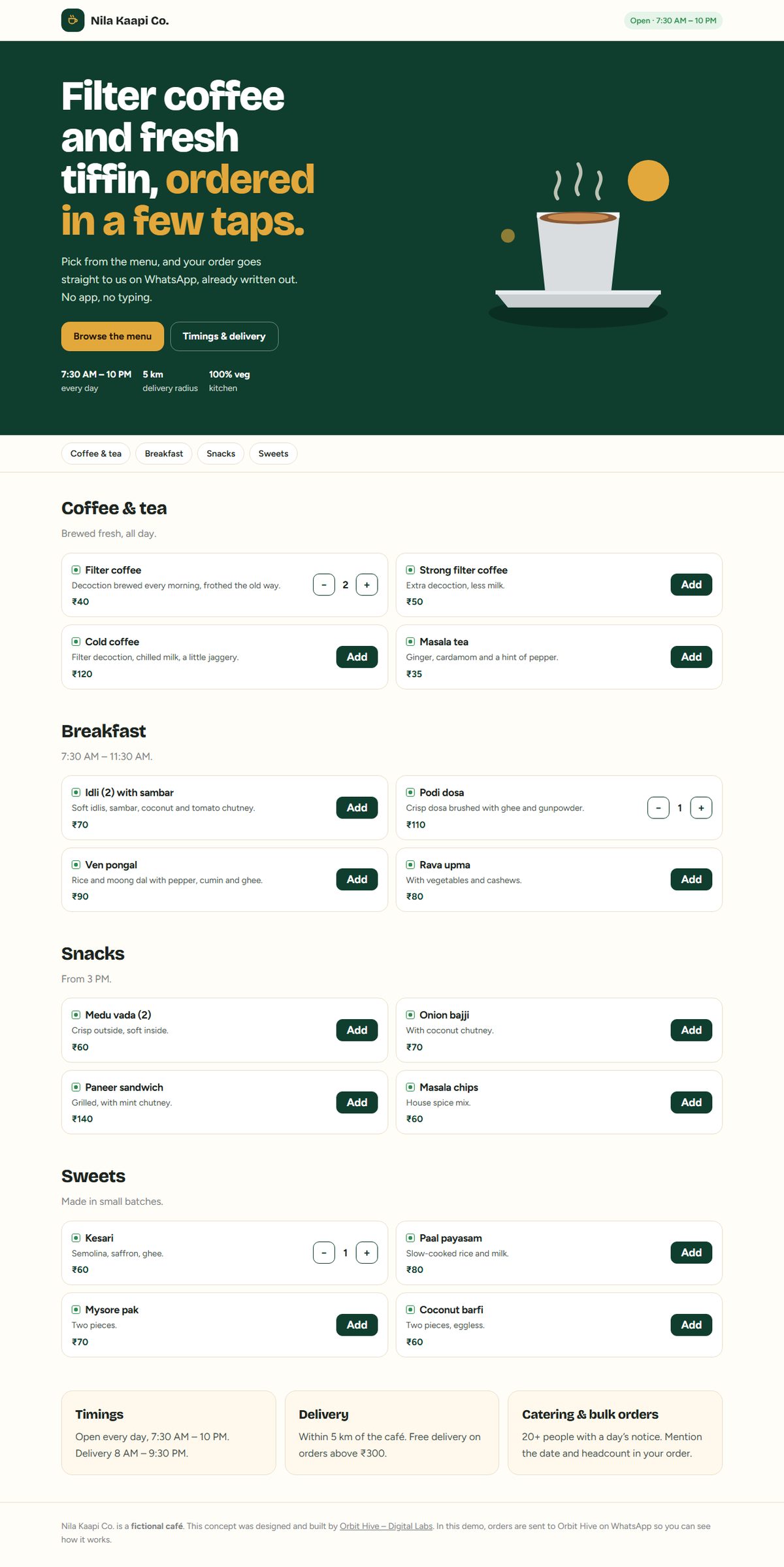 Screenshot: Nila Kaapi Co. — café menu with WhatsApp ordering